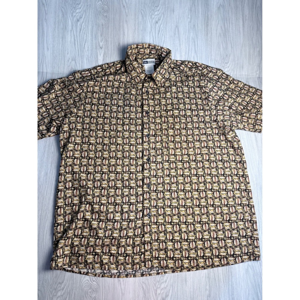 Untied Mens XL Short Sleeve Button Down Shirt Abstract Geometric Rayon Brown Gol